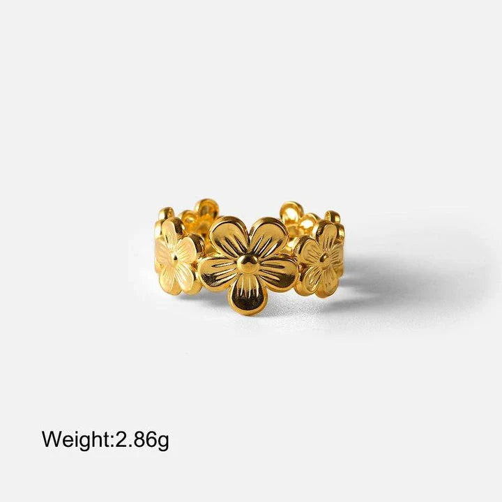 Elegant 18K gold-plated stainless steel adjustable flower ring with a classic floral design