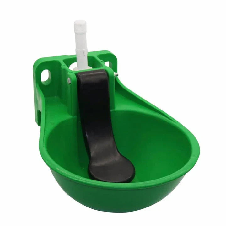 Automatic water bowl for horses made of durable, weather-resistant plastic with a self-regulating design for consistent hydration.