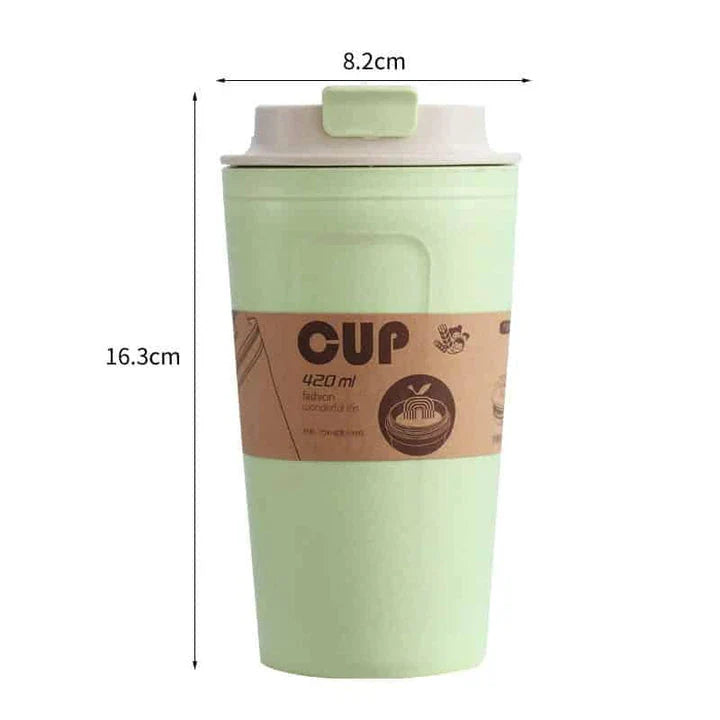 Premium bamboo fibre travel mug with leak-proof lid, available in green, brown, and black colours