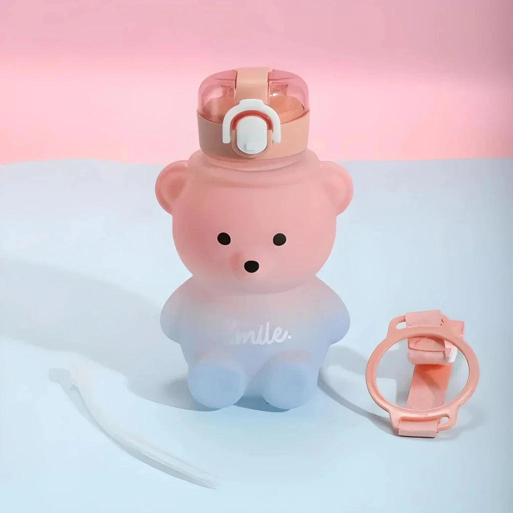 Charming gradient bear-patterned reusable water bottle with straw for convenient hydration on the go