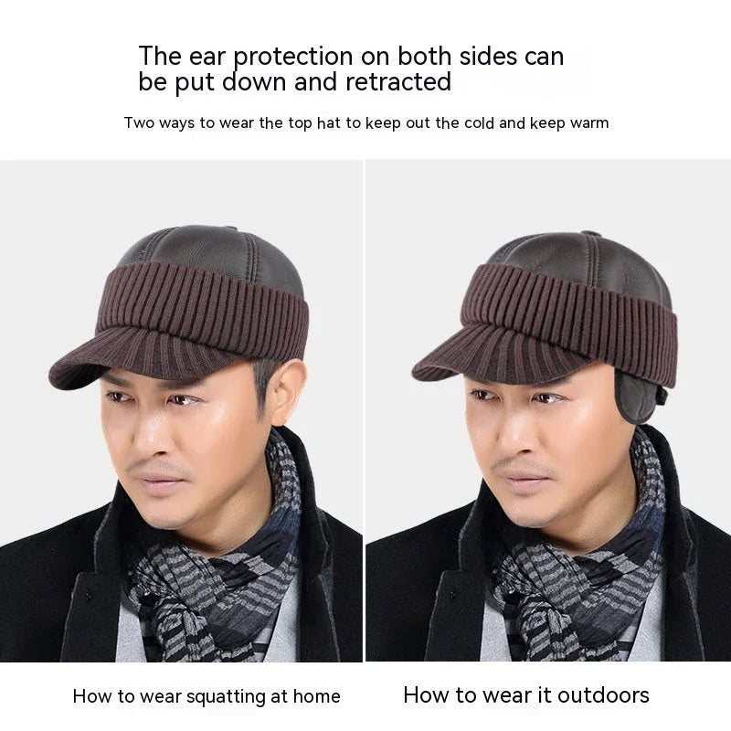 Men's Winter Baseball Cap with Leather Earflaps in Brown Colour