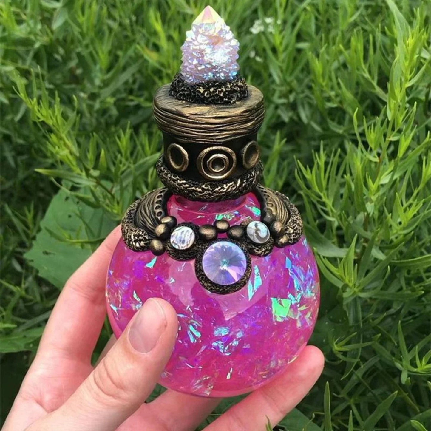 Shimmering resin mermaid bottle with iridescent tail, bathed in moonlight and captivating ambience