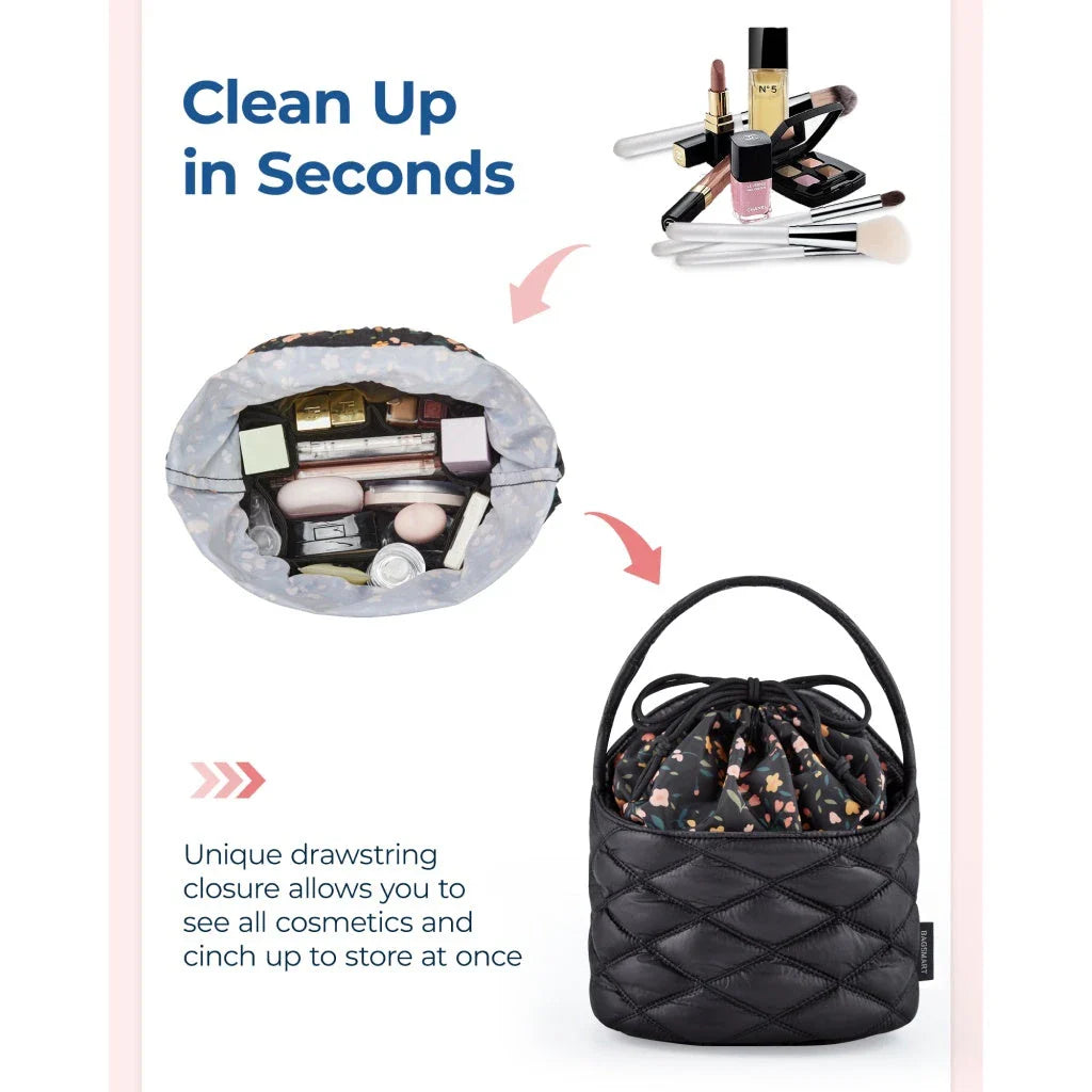 Premium waterproof drawstring cosmetic bag with elastic pockets for organised makeup storage and easy access
