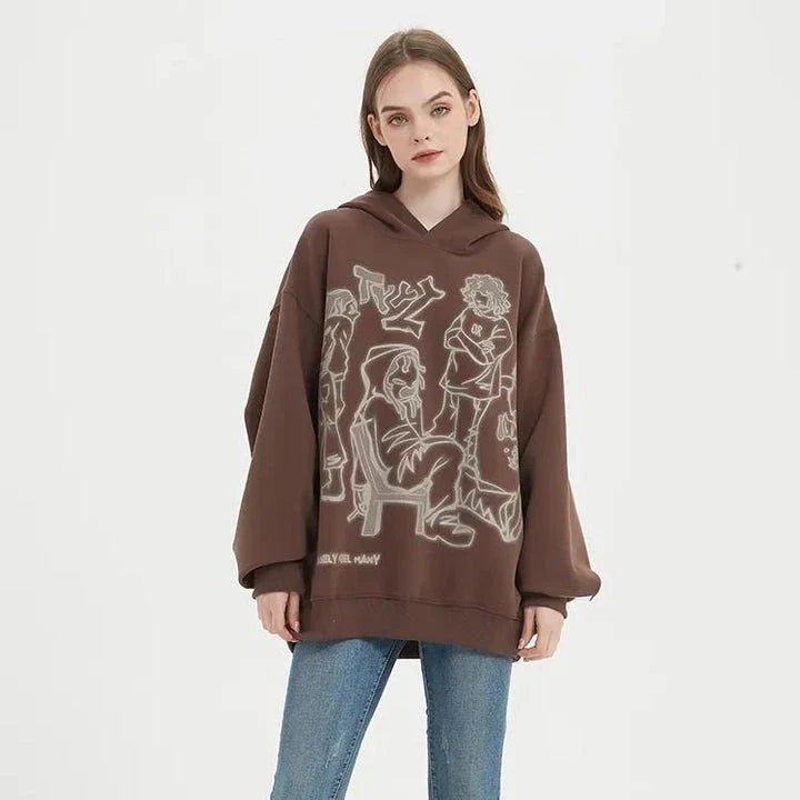 Vibrant Harajuku-inspired anime graphic hoodie with loose, comfortable fit and full-length sleeves