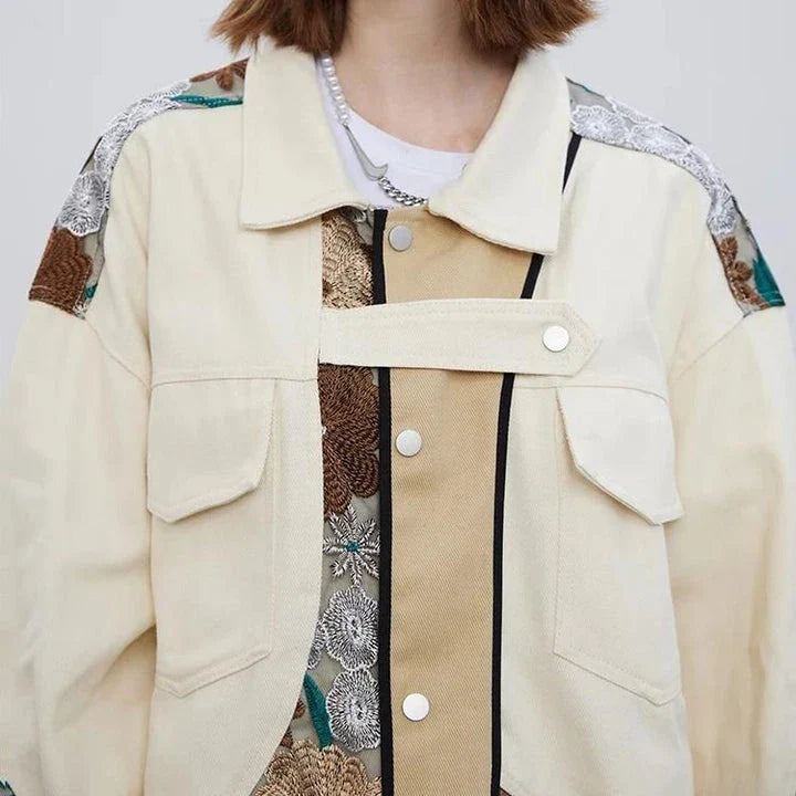 Trendy embroidered patchwork denim jacket in various sizes, perfect for autumn and winter wear