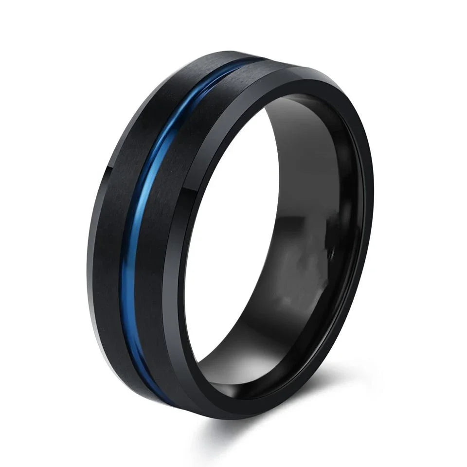 Sleek and stylish men's fashion ring made of durable tungsten steel with a classic black electroplated finish