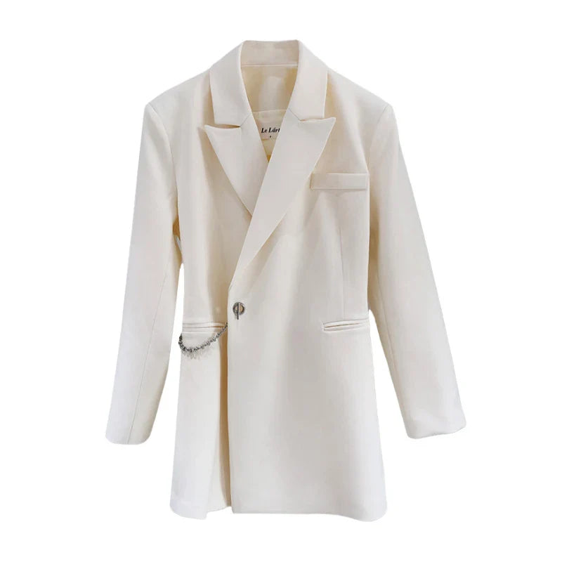 A sophisticated black polyester jacket with a sleek back chain design, perfect for elevating your British fashion style.