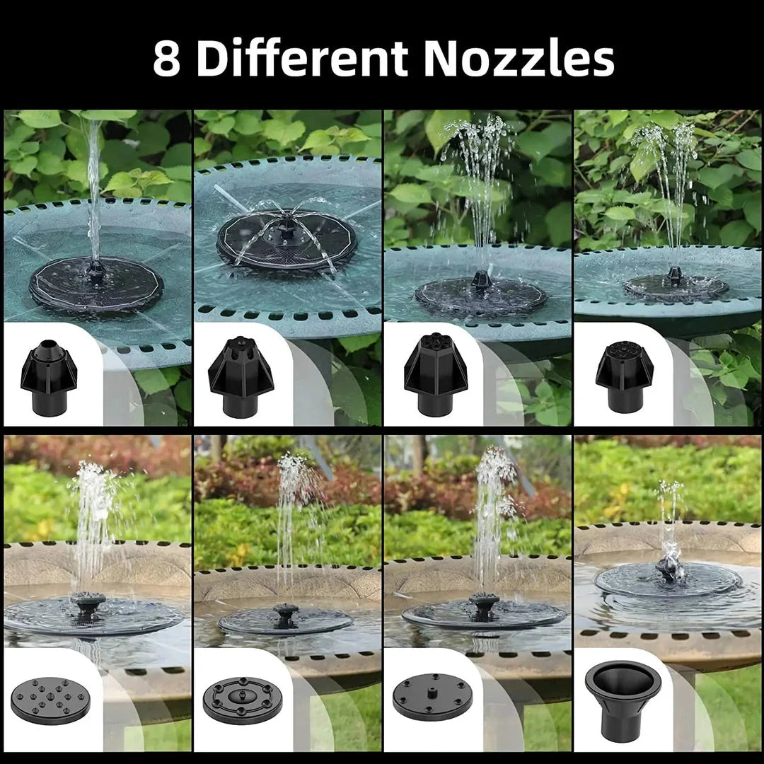 3W solar-powered water fountain with LED lights and customisable spray nozzles, perfect for enhancing any garden or pond