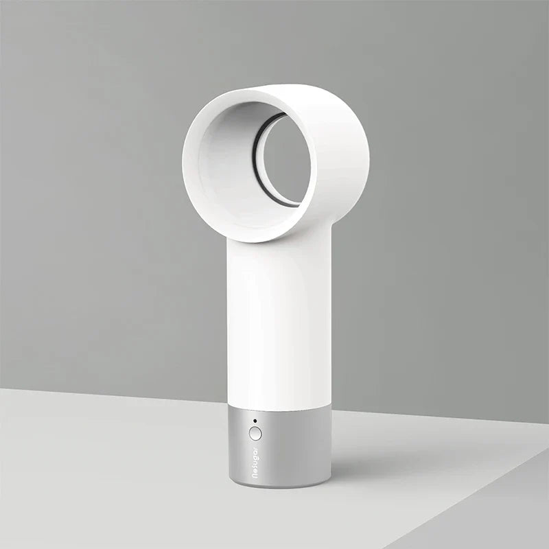 Compact, cordless, and bladeless fan with a sleek, white design and a powerful 900mAh battery for portable cooling.