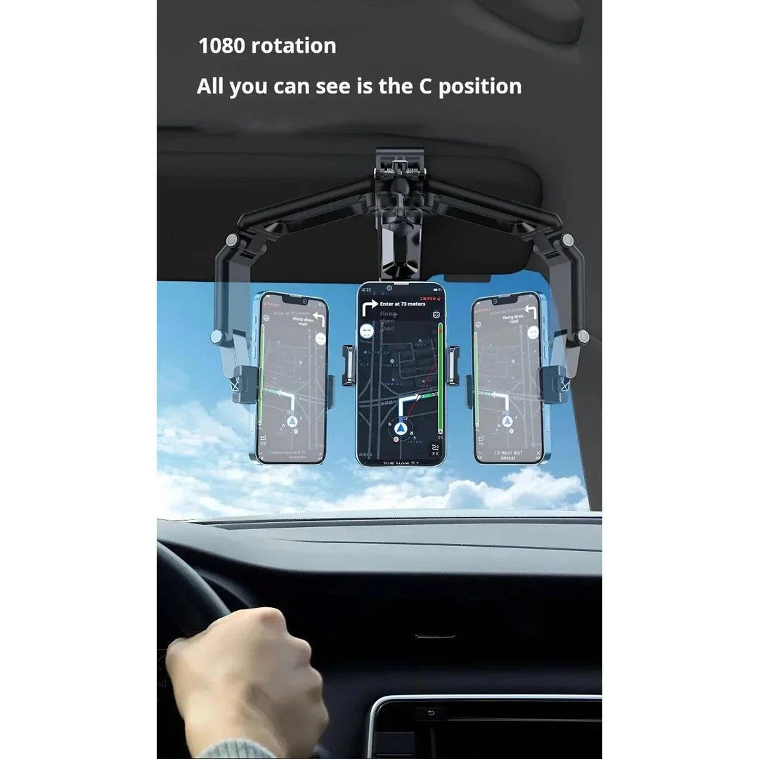 Premium 360-degree adjustable car phone holder for rearview mirror, featuring a durable and versatile design for secure smartphone mounting