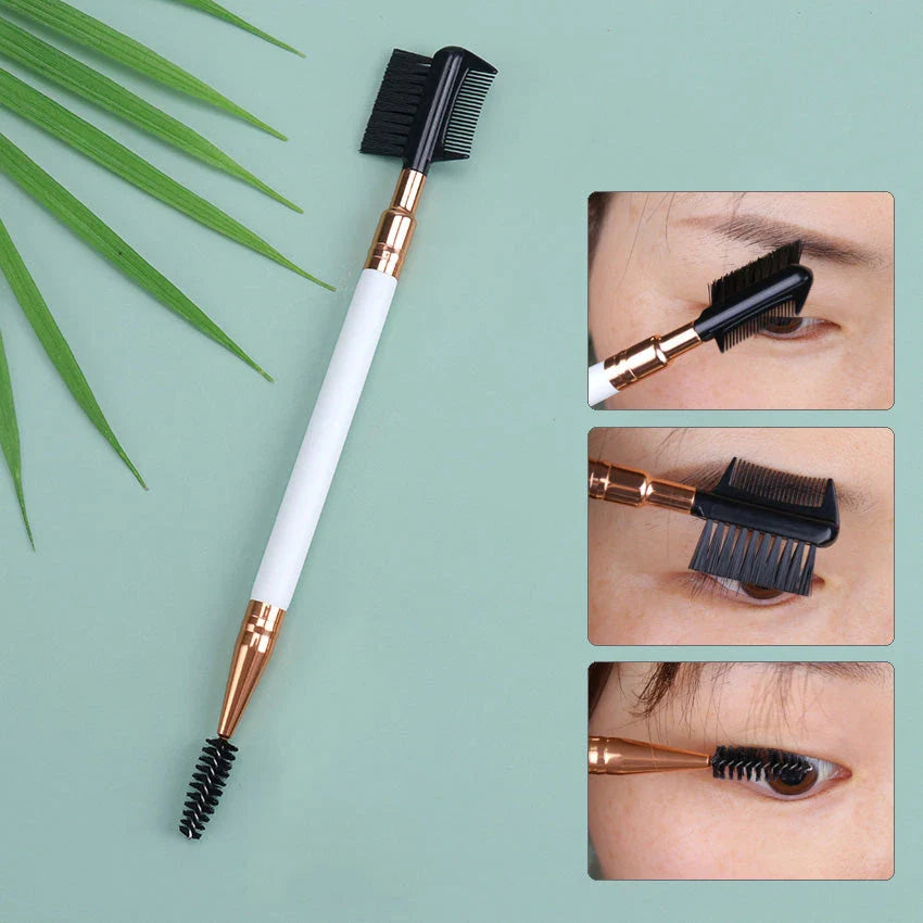 Premium dual-ended eyebrow and eyelash grooming brush with wooden handle and nylon bristles