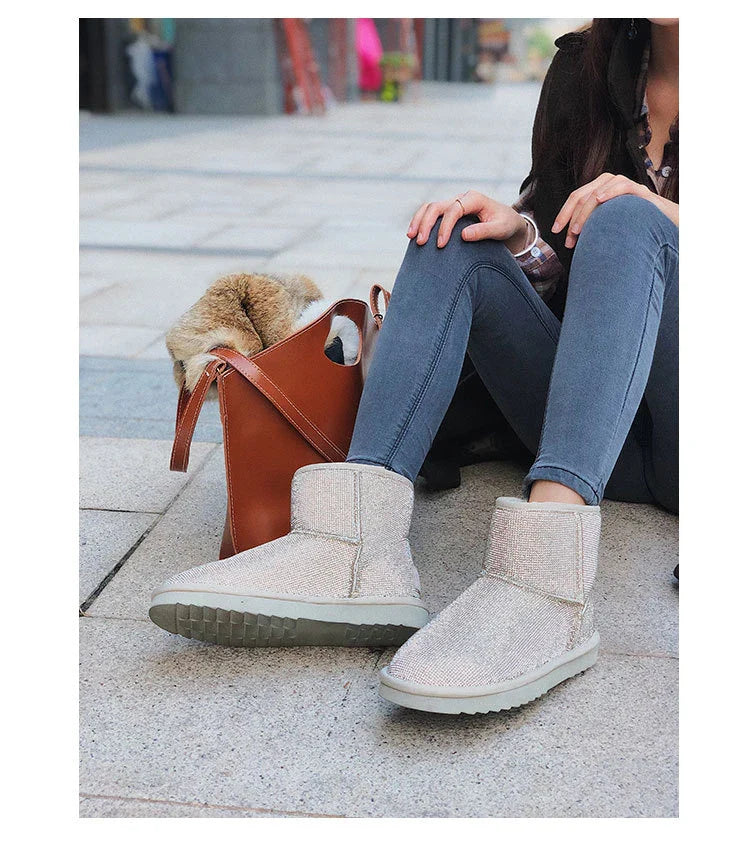 Premium rhinestone-embellished ankle boots for women, featuring a shimmering upper and durable rubber sole for winter wear