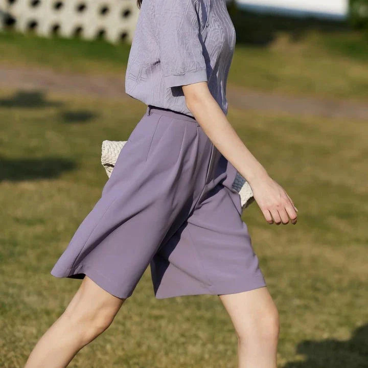 Elegant wide-leg shirred shorts for women, featuring a refined design and comfortable fit for the British summer