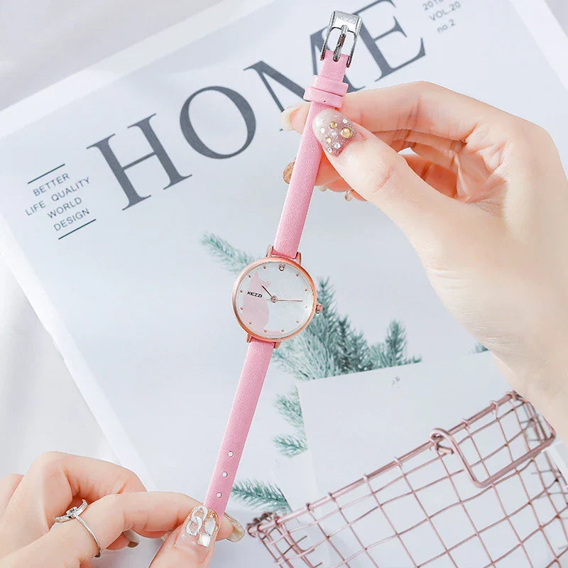 Harajuku-inspired women's watch with minimalist black and white design, Japanese quartz movement, and adjustable PU leather strap