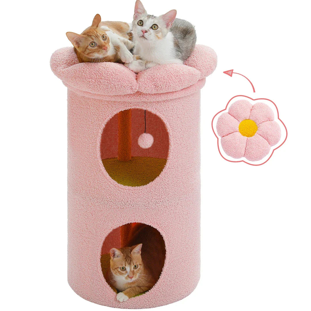 Luxurious double-decker cat bed with charming flower-shaped perch and interactive toy, made with soft corduroy fabric for maximum comfort.