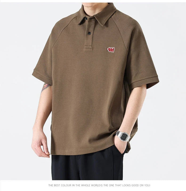 Retro Short Sleeve Men's T-shirt with Embroidered Design in Dark Brown, White, and Grey Colours
