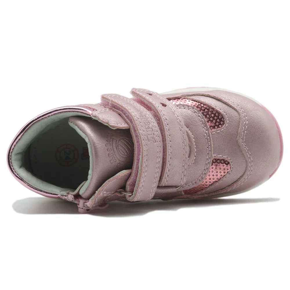 Charming dinosaur-themed girls' shoes in pink, peach, and grey colours with a comfortable and supportive design