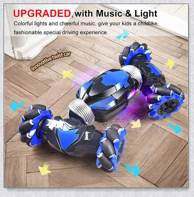 Remote control stunt car with 360-degree rotation, flips, and built-in colourful lights and music for exciting playtime