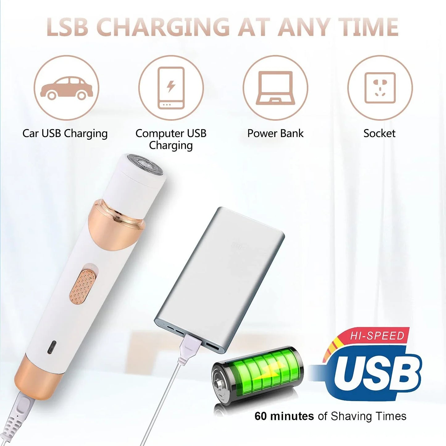 4-in-1 Women's Electric Shaver and Eyebrow Trimmer with USB Charging, Includes Shaving, Nose Hair, Eyebrow, and Precision Comb Attachments