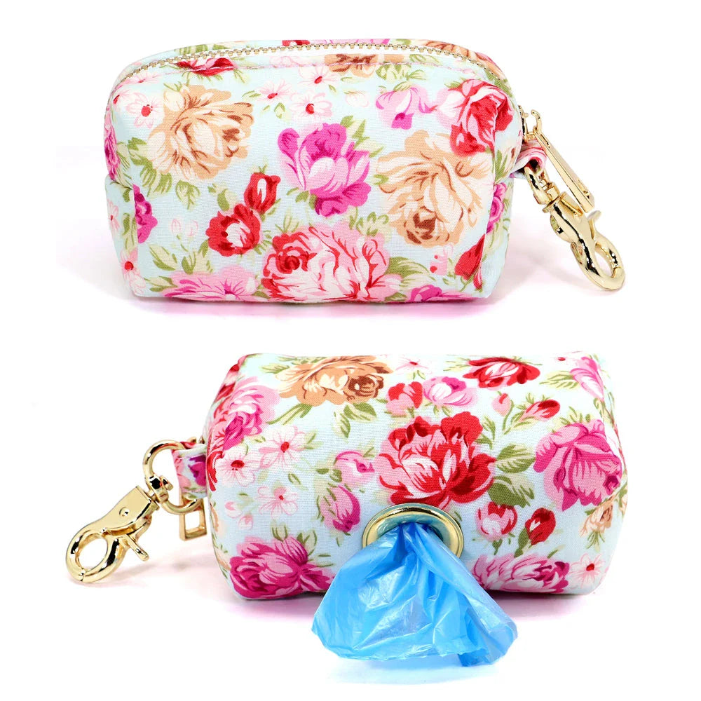 Stylish floral dog walking bag with multiple compartments for treats, snacks, waste bags, and keys