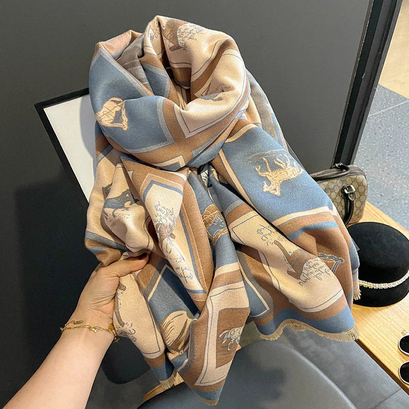 Luxurious artificial cashmere scarf in vibrant colours, perfect for keeping warm or cool with its dual-use design.