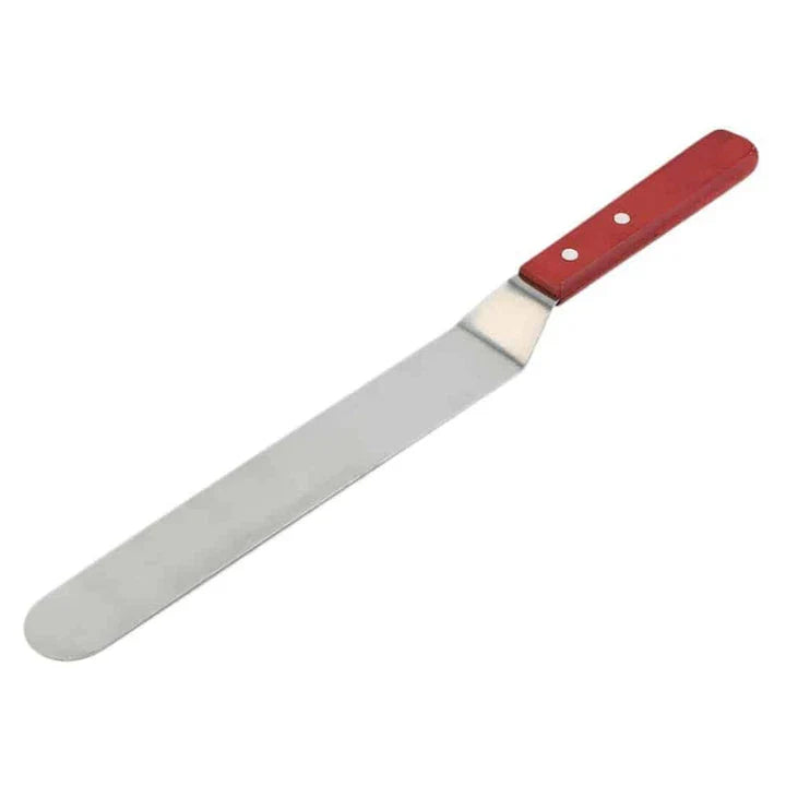 Stainless steel kitchen spatula with wooden handle, available in 15cm, 22cm, and 25cm lengths