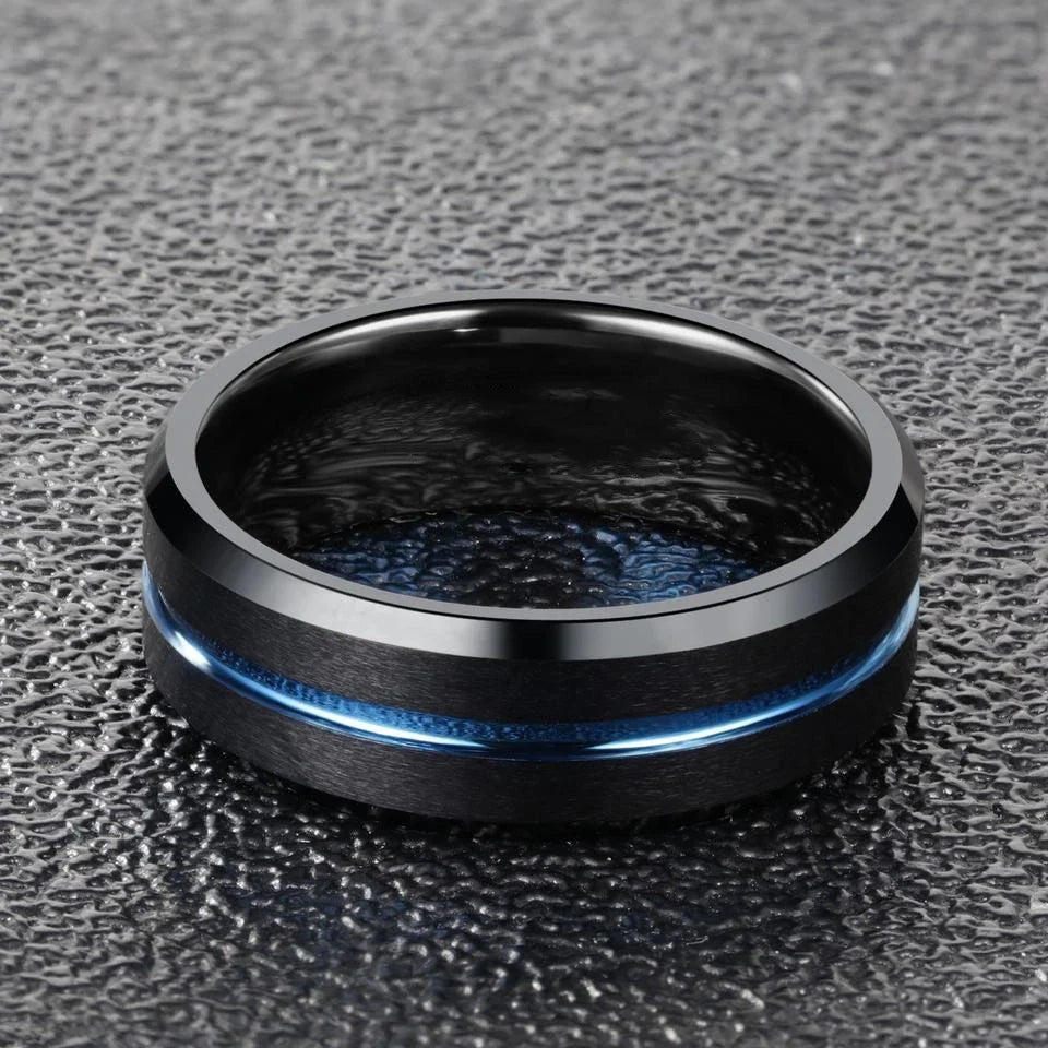 Sleek and stylish men's fashion ring made of durable tungsten steel with a classic black electroplated finish