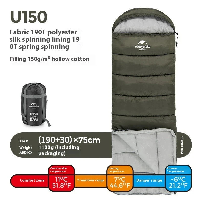 Naturehike Luxury Down-filled Sleeping Bag for Outdoor Camping in Hollow Cotton/Clay Gray, Hollow Cotton/Moxa Leaf Green, and Down Cotton/Sky Blue colours