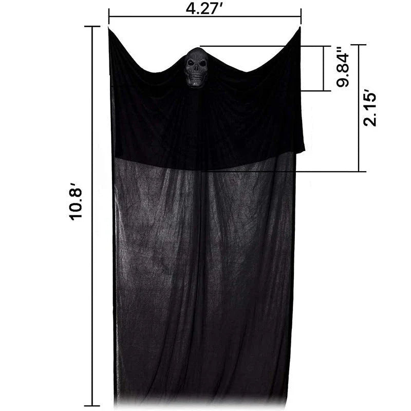 A spooky voice-activated Halloween decoration with lighting and sound effects, featuring a haunting black ghost design.