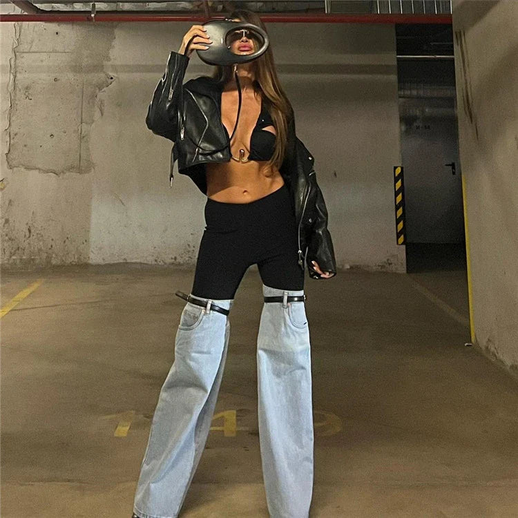 High-waist straight leg chic trousers for women, made from premium denim for a flattering and sophisticated look.