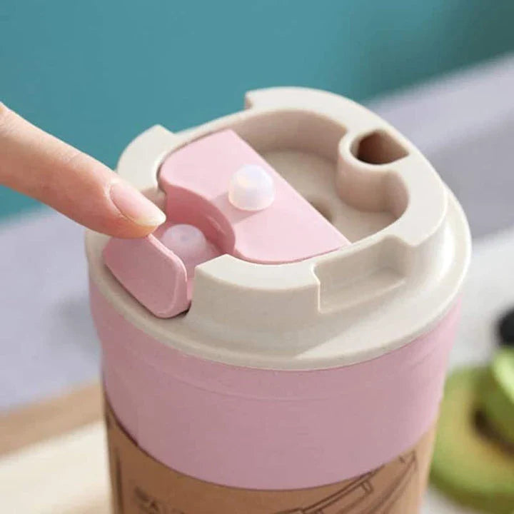 Premium bamboo fibre travel mug with leak-proof lid, available in green, brown, and black colours