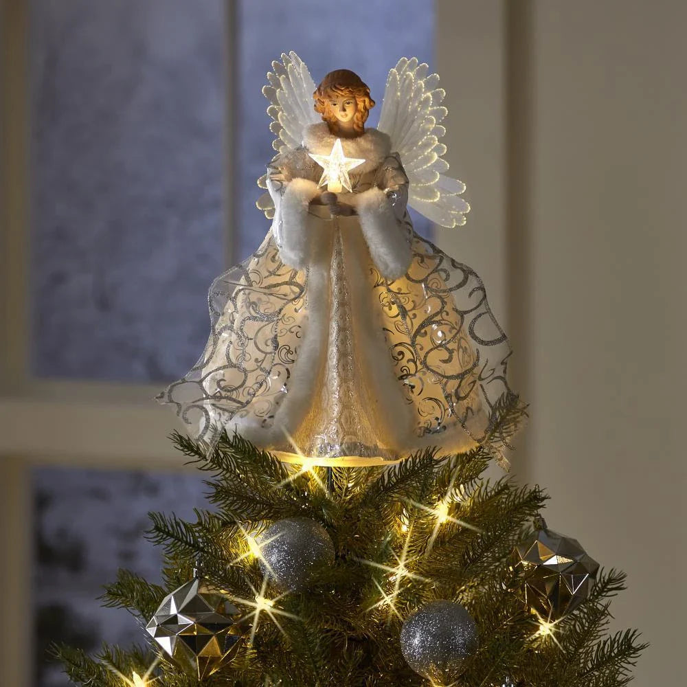Glowing Angel Christmas Tree Topper with LED Lights - Exquisite Acrylic Decoration for Festive Celebrations