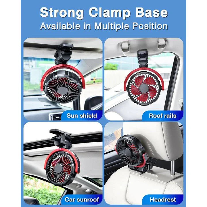 Portable Car Cooling Clamp Fan with 900° Rotatable Design, USB Rechargeable Battery, and Quiet Brushless Motor