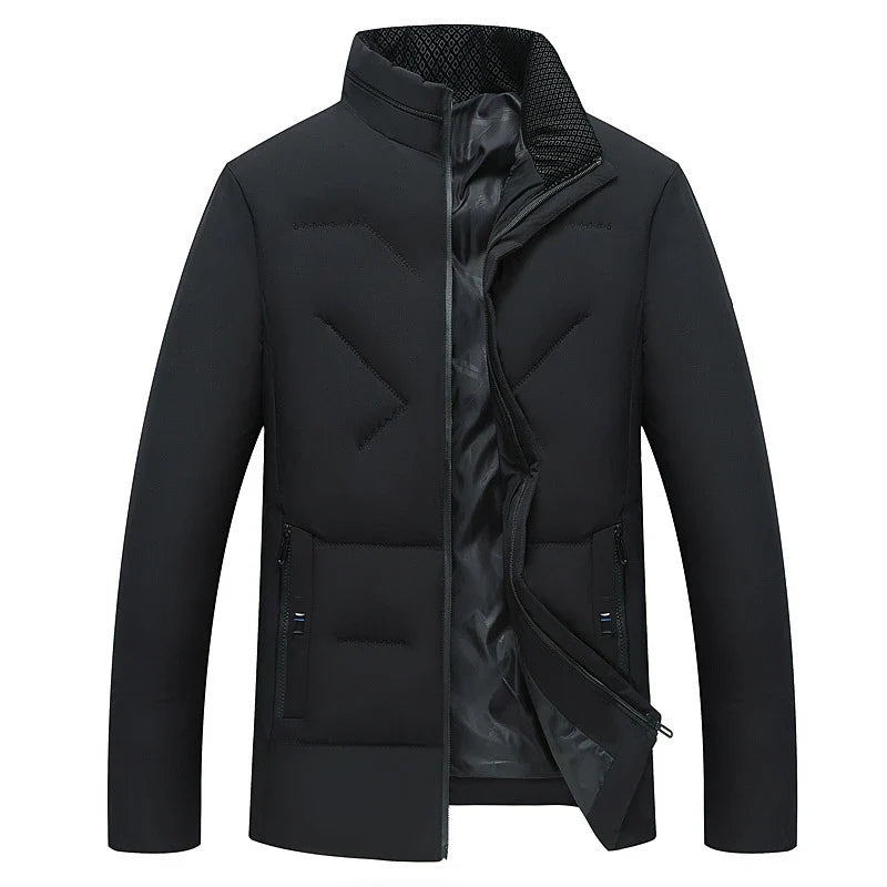 Premium cotton-padded jacket with stand collar and zip closure, available in gray, black, and navy blue
