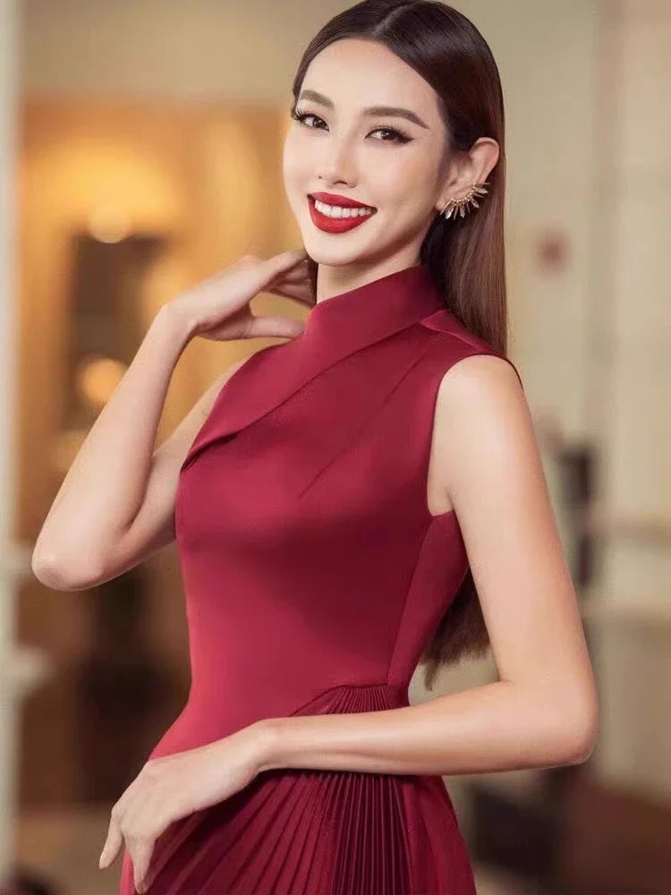 Elegant asymmetric dress with half turtleneck in wine red and milky white colours