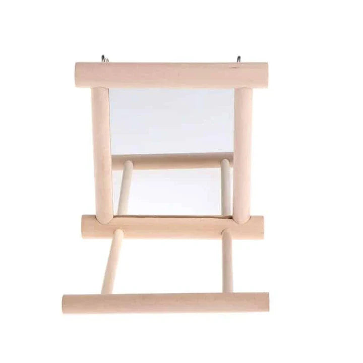 Premium bird mirror toy with sturdy wooden perch, designed to captivate and entertain your feathered friend