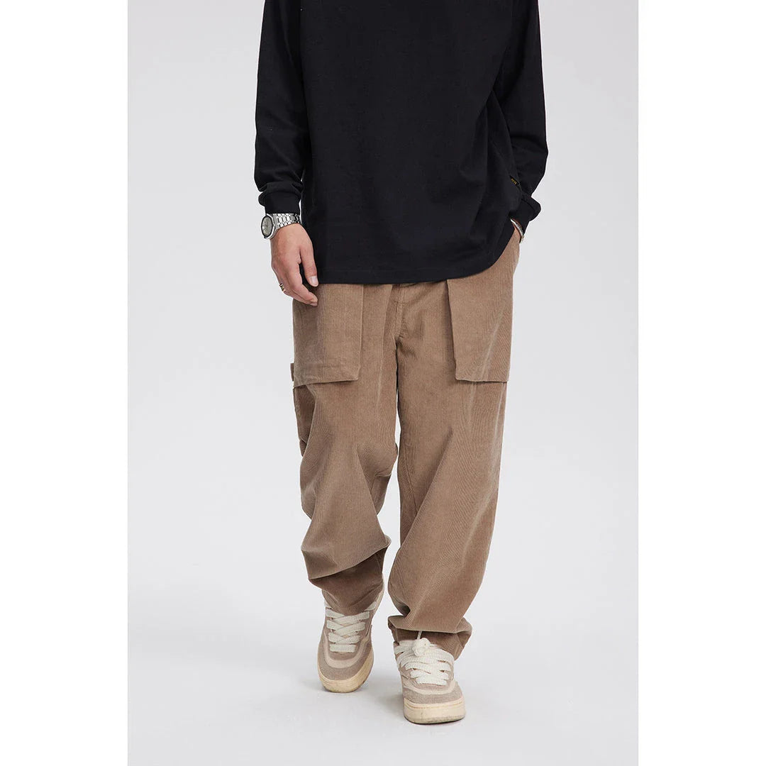 Retro corduroy straight-leg casual trousers for men in khaki and navy blue colours