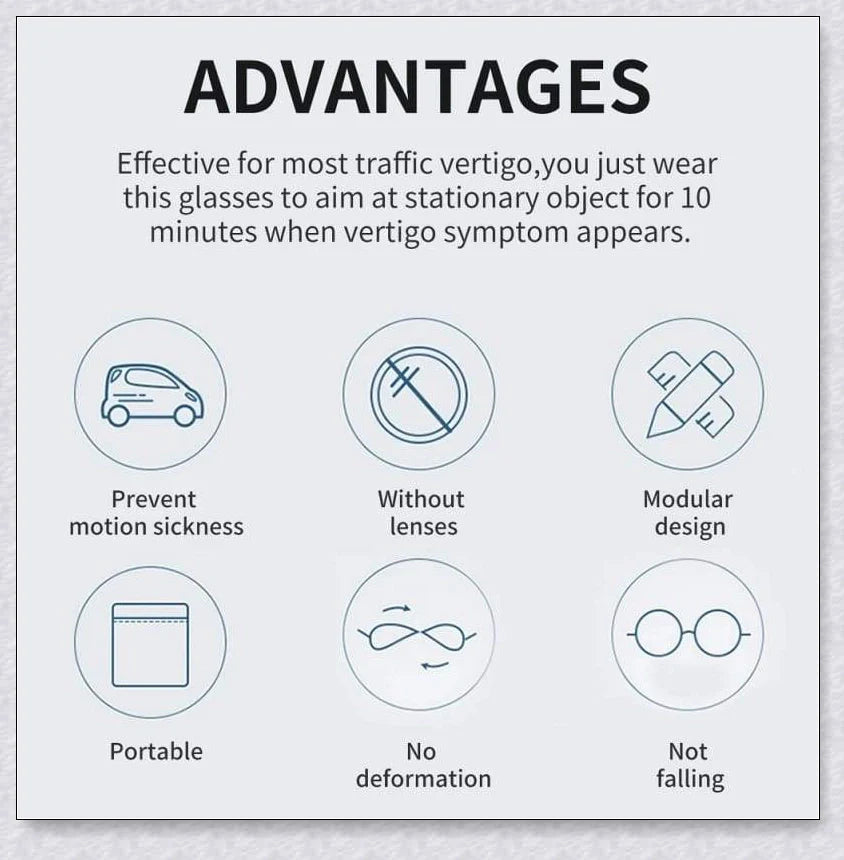 Anti-Motion Sickness Glasses with Boarding Ring technology for relief from nausea, dizziness, and vertigo during travel by car, boat, or plane