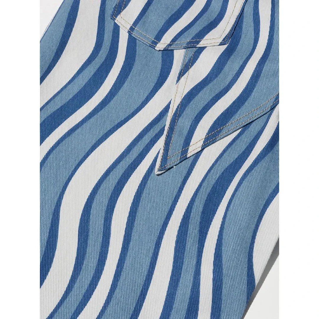 Women's high-waist striped denim trousers in a stylish blue colour, featuring a unique pattern and functional design for everyday wear.
