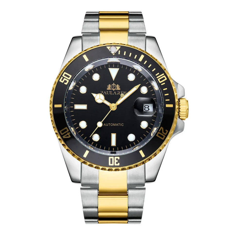 Elegant automatic watch with luminous hands and indices, showcasing British watchmaking excellence
