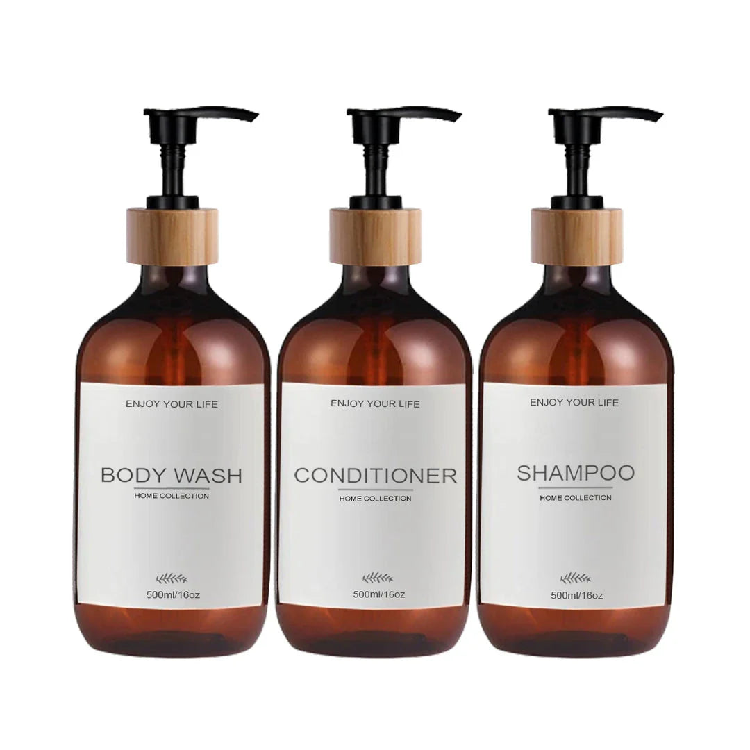 Elegant 500ml British soap and shampoo dispensers in various colours, designed to organise and elevate your bathroom space