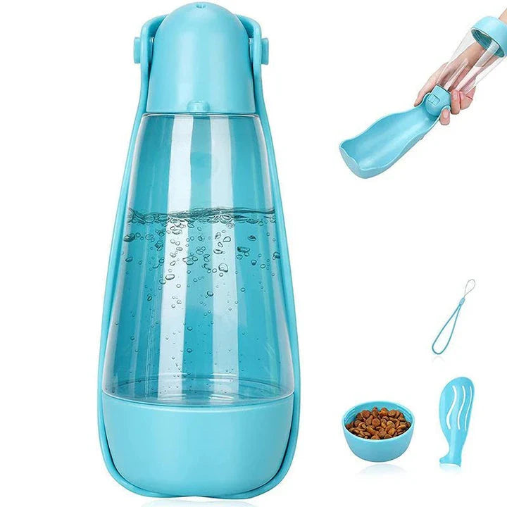 Portable pet water bottle with a wide trough and generous 420ml capacity for hydrating dogs on the go.