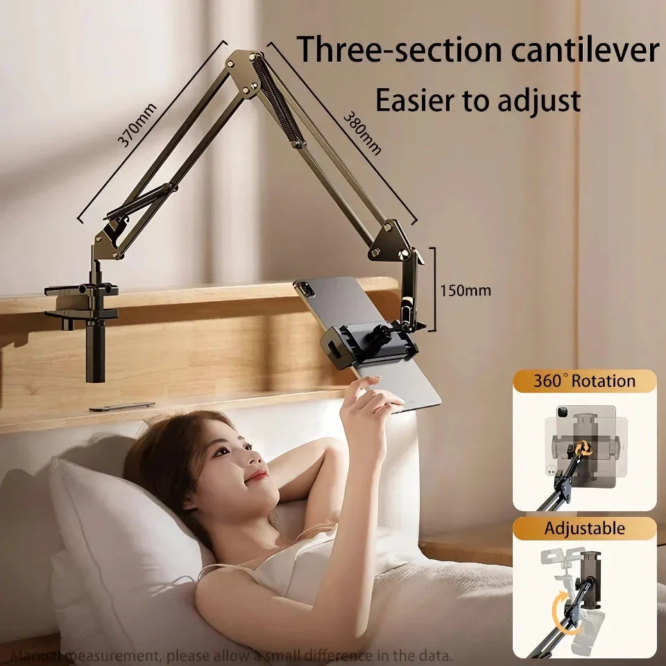 A 360-degree rotatable and adjustable tablet and phone stand with a long arm and stable support for versatile viewing