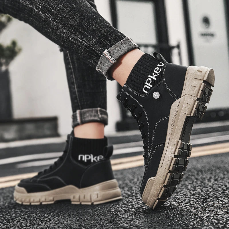 Stylish high-top Martin boots for men in black, brown, and grey colours