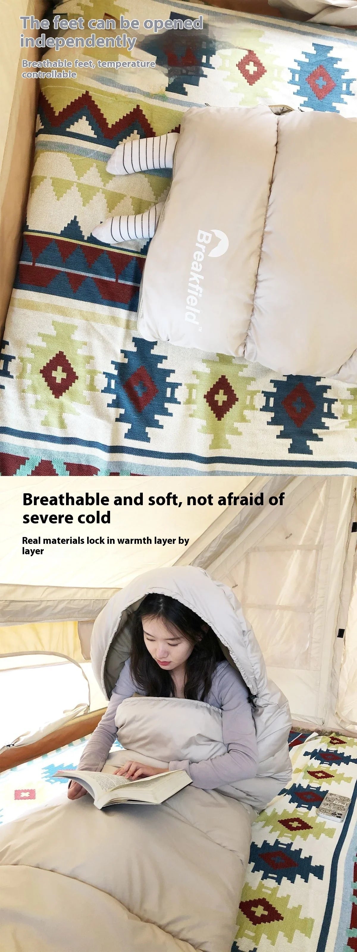 Premium waterproof cotton sleeping bag with envelope-style structure and brushed cloth lining for outdoor camping