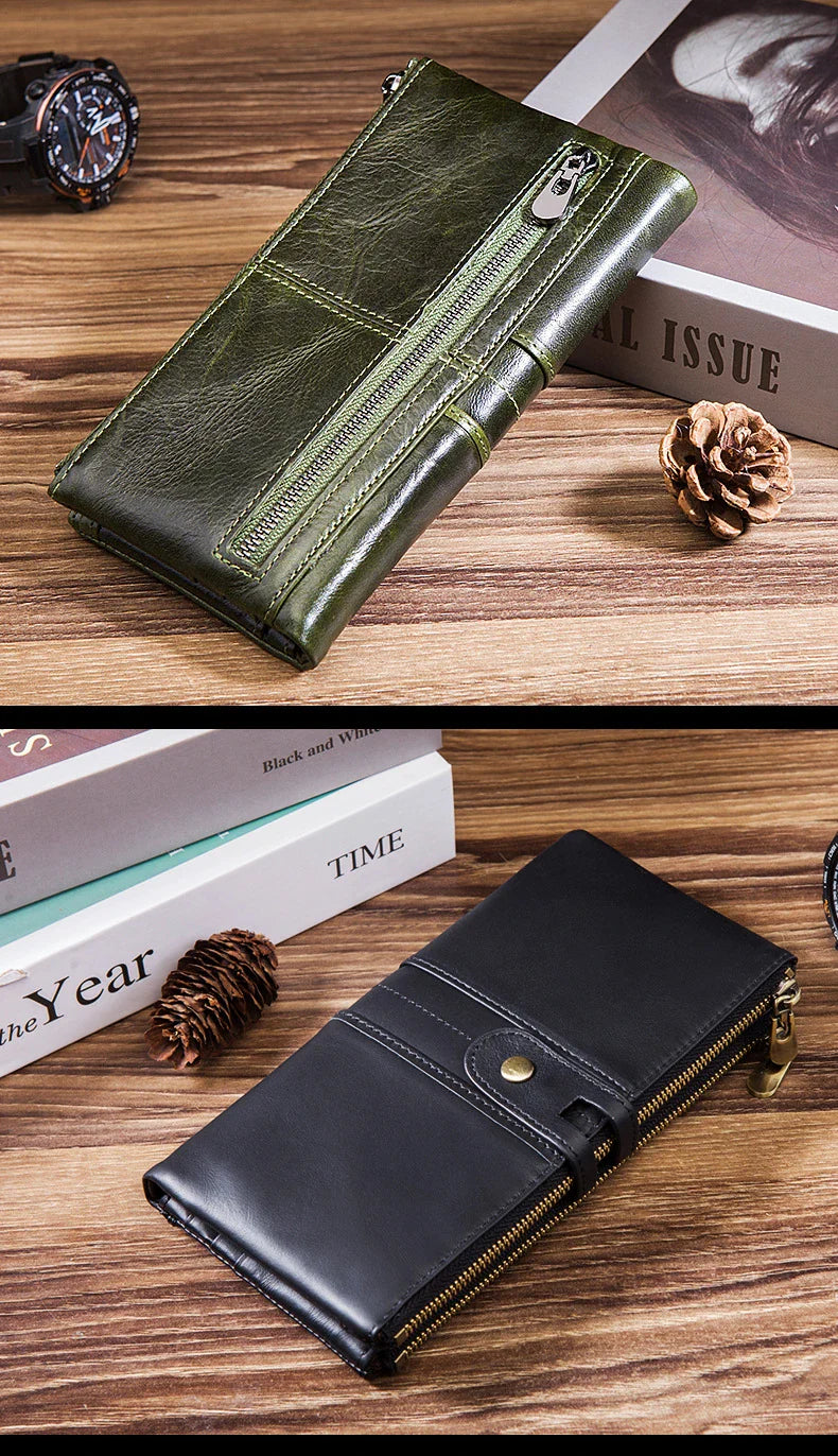 Trendha Premium Cowhide Leather Wallet with Multiple Card Slots and Secure Zipper Compartment