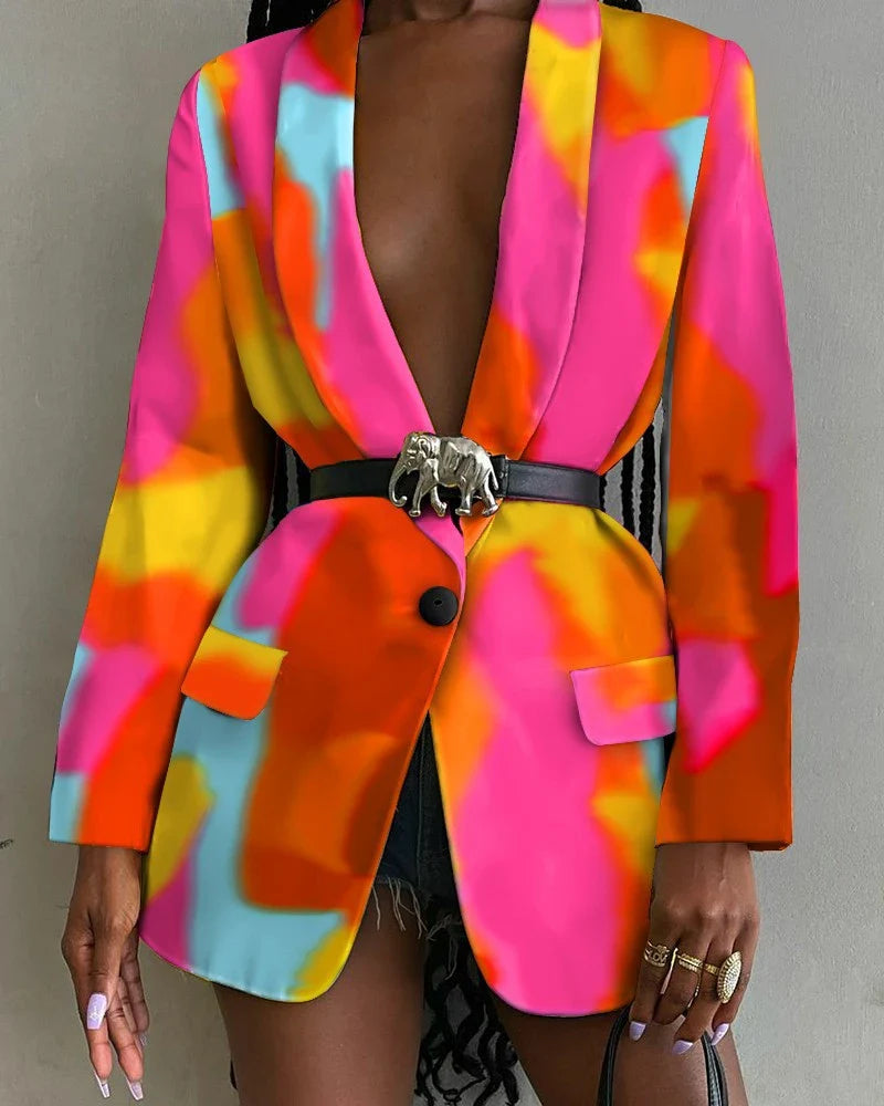Women's Stylish Printed Shawl-Collar Single-Breasted Blazer with Belt in various colours