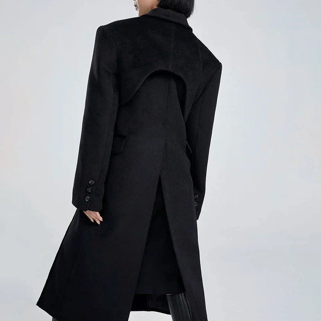 Elegant autumn-winter woollen overcoat with waist cut-out design, turn-down collar, and single-button closure