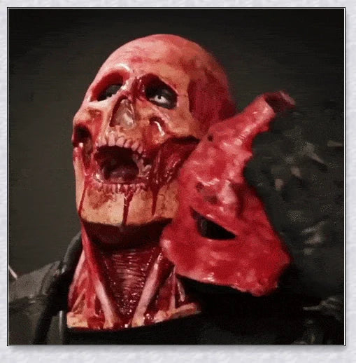 Terrifyingly lifelike horror mask with two removable layers, articulated jaw, and breathable design for a comfortable Halloween costume