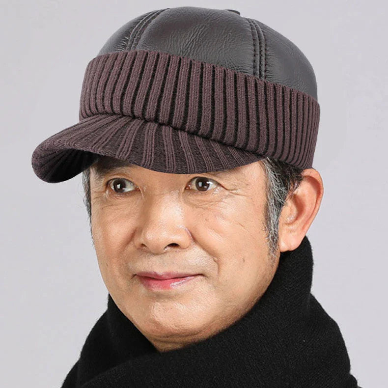 Men's Winter Baseball Cap with Leather Earflaps in Brown Colour